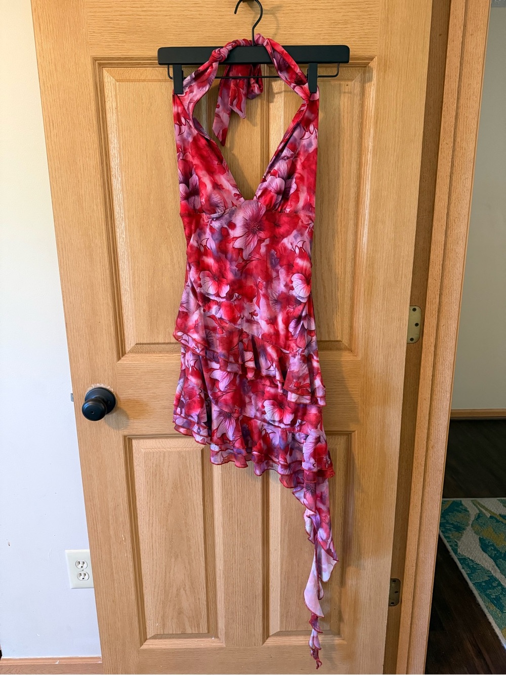 Amazon Red Pink Floral Asymmetrical Halter Dress